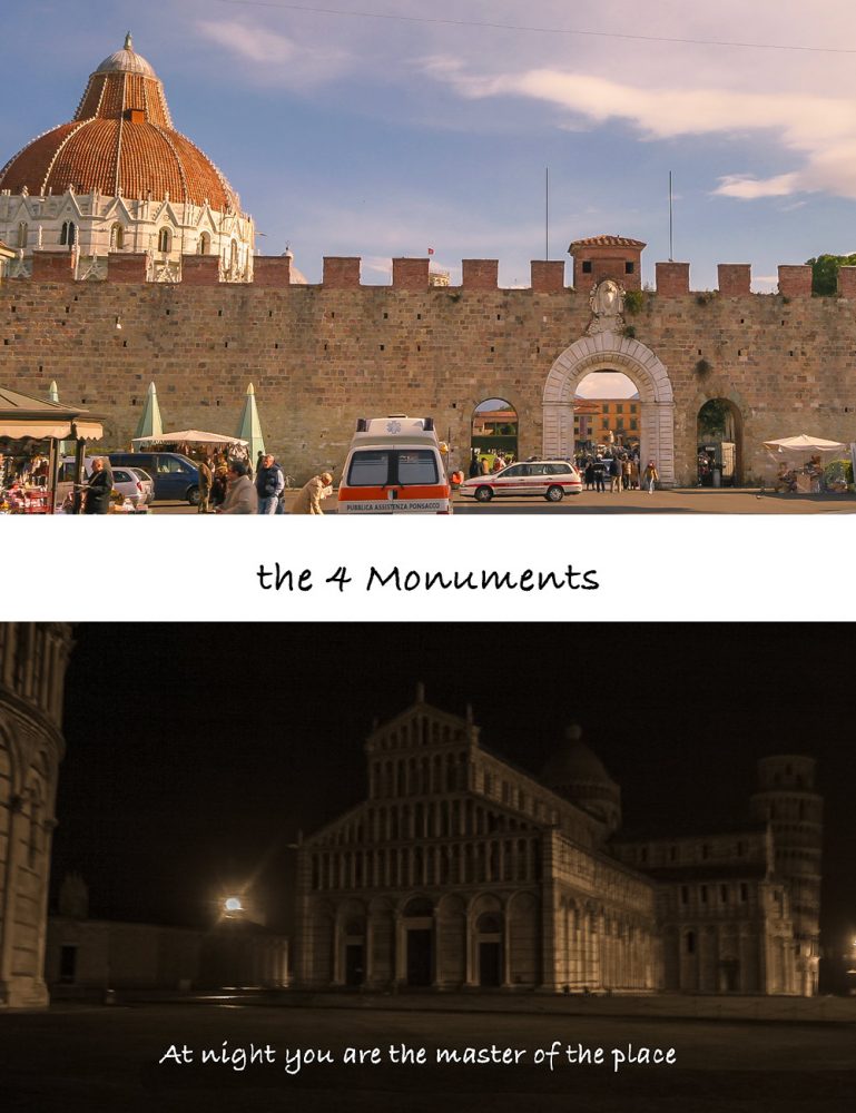 Pisa and the four monuments at night - above the walls with Porta Nuova